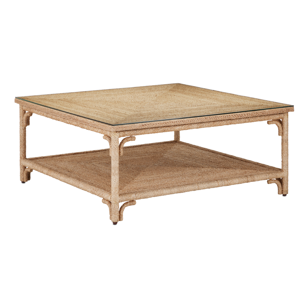 Olisa Rope Cocktail Table - Natural Elegance with Braided Abaca, Glass Top & Storage Shelf, 40"