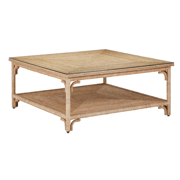 Olisa Rope Cocktail Table - Natural Elegance with Braided Abaca, Glass Top & Storage Shelf, 40"