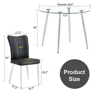 English Elm Table And Chair Set - Modern 38.6" Glass Dining Table With Silver Legs & 4 Stylish Black Pu Chairs W1151S03821-GIGA