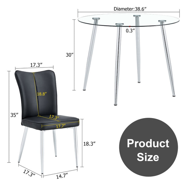 English Elm Table And Chair Set - Modern 38.6" Glass Dining Table With Silver Legs & 4 Stylish Black Pu Chairs W1151S03821-GIGA
