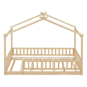 English Elm Twin Solid Pine House Bed Playhouse Frame with Fence Rail for Kids Rooms WF302176AAN