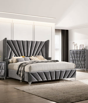English Elm Bedroom Wooden Queen Bed with High Panel Headboard, Gold Trim Accent, Modern Luxury Design Gray 69.5 L x 26 W x 5 H B2741S00108