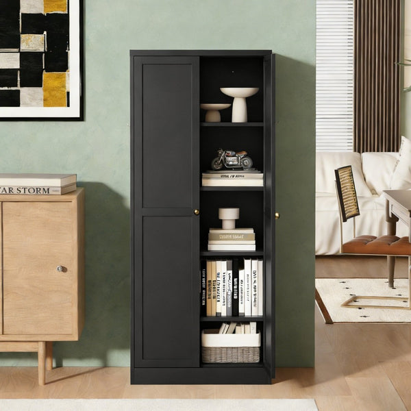English Elm 61" Matte Black Steel Freestanding Pantry Cabinet with 4 Adjustable Shelves Modern Farmhouse T2398P465983