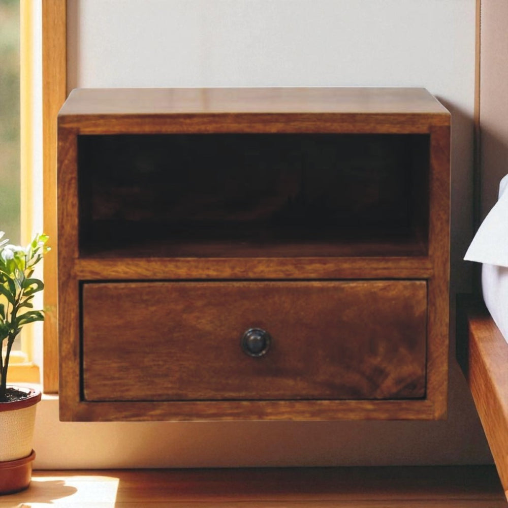 English Elm Solis Chic Wall-Mounted Nightstand In Chestnut Wood, 1 Drawer & Open Slot For Modern Spaces B182P284361-GIGA