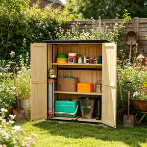 English Elm Modern Fir Wood Outdoor Storage Shed with Steel Frame Asphalt Roof and Ventilated Door Black,Natural Wood T3971S00244