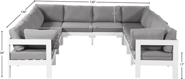 Meridian Furniture Nizuc 10 Piece Modular Outdoor Sectional Aluminum Frame Water Resistant Patio Seating 375Grey-Sec10B