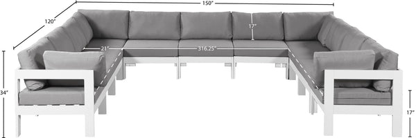 Meridian Furniture Nizuc 11 Piece Modular Outdoor Sectional Aluminum Frame Weather Resistant Patio Seating 375Grey-Sec11A