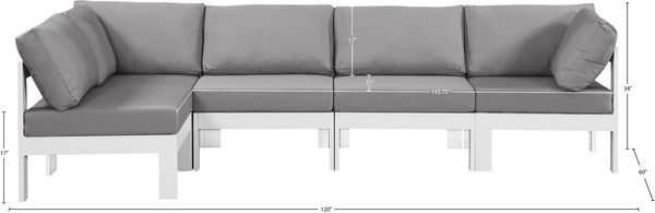 Meridian Furniture Nizuc Five Piece Modular Outdoor Sectional with Aluminum Frame and Grey Fabric Seating 375Grey-Sec5C