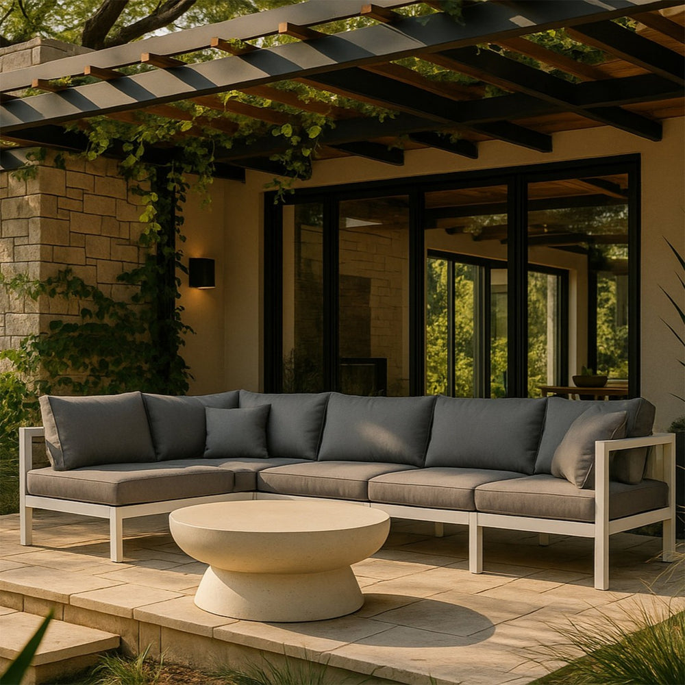 Meridian Furniture Nizuc Five Piece Modular Outdoor Sectional with Aluminum Frame and Grey Fabric Seating 375Grey-Sec5C
