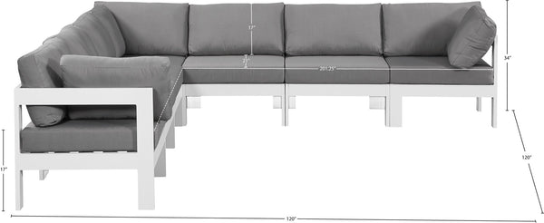 Meridian Furniture Nizuc 7 Piece Outdoor Modular Sectional with Aluminum Frame and Water Resistant Fabric 375Grey-Sec7B