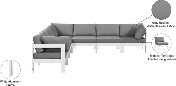 Meridian Furniture Nizuc 7 Piece Outdoor Modular Sectional with Aluminum Frame and Water Resistant Fabric 375Grey-Sec7B