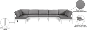 Meridian Furniture Nizuc 7 Piece Outdoor Modular Sectional Grey Fabric Aluminum Patio Seating Set 375Grey-Sec7C