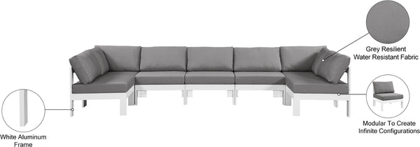 Meridian Furniture Nizuc 7 Piece Outdoor Modular Sectional Grey Fabric Aluminum Patio Seating Set 375Grey-Sec7C