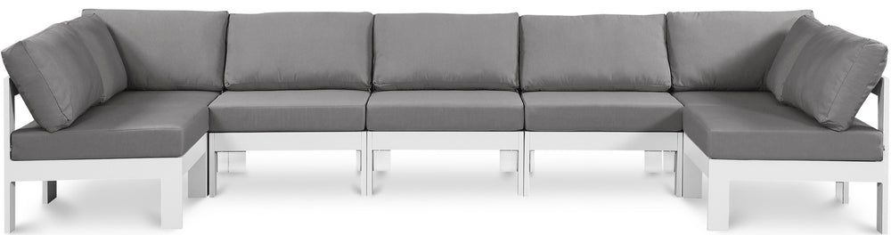 Meridian Furniture Nizuc 7 Piece Outdoor Modular Sectional Grey Fabric Aluminum Patio Seating Set 375Grey-Sec7C
