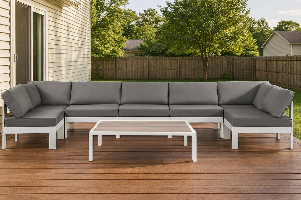 Meridian Furniture Nizuc 7 Piece Outdoor Modular Sectional Grey Fabric Aluminum Patio Seating Set 375Grey-Sec7C