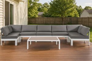 Meridian Furniture Nizuc 7 Piece Outdoor Modular Sectional Grey Fabric Aluminum Patio Seating Set 375Grey-Sec7C