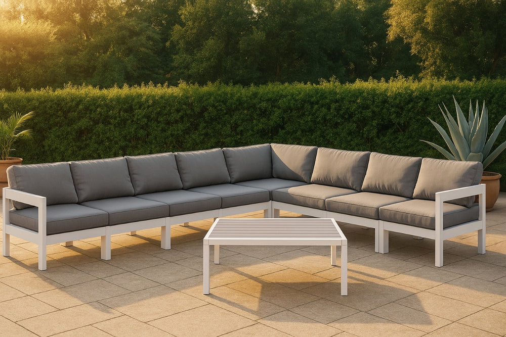 Meridian Furniture Nizuc 8 Piece Outdoor Modular Sectional Aluminum Frame Water Resistant Patio Seating 375Grey-Sec8A