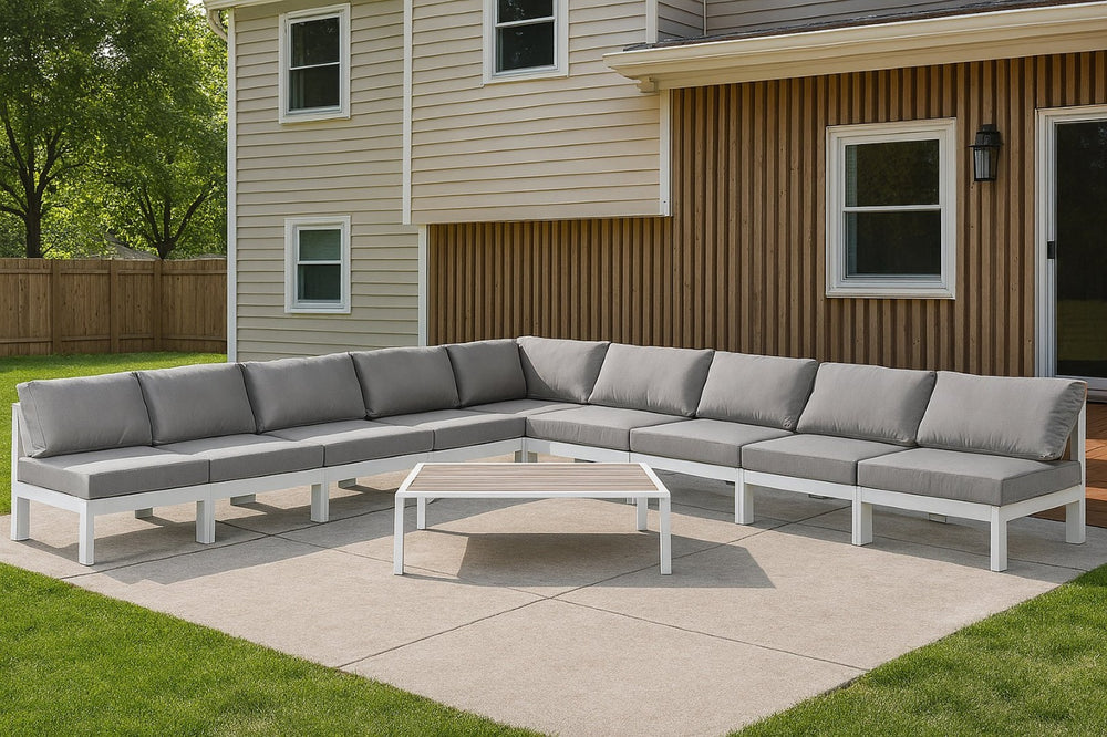 Meridian Furniture Nizuc 9 Piece Outdoor Modular Sectional with Aluminum Frame and Water Resistant Fabric 375Grey-Sec9A