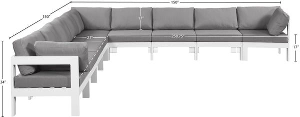 Meridian Furniture Nizuc 9 Piece Outdoor Modular Sectional Aluminum Frame Water Resistant Patio Seating 375Grey-Sec9B