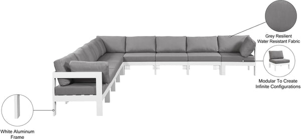 Meridian Furniture Nizuc 9 Piece Outdoor Modular Sectional Aluminum Frame Water Resistant Patio Seating 375Grey-Sec9B