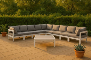 Meridian Furniture Nizuc 9 Piece Outdoor Modular Sectional Aluminum Frame Water Resistant Patio Seating 375Grey-Sec9B