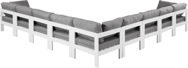 Meridian Furniture Nizuc 9 Piece Outdoor Modular Sectional Aluminum Frame Water Resistant Patio Seating 375Grey-Sec9B