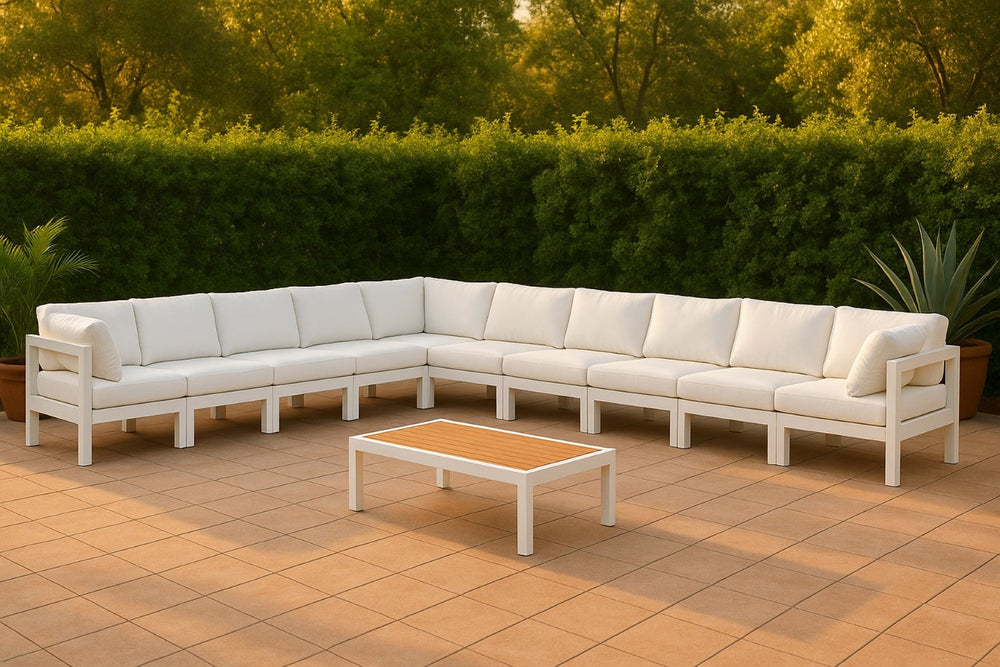 Meridian Furniture Nizuc 10 Piece Outdoor Modular Sectional White Aluminum Frame Water Resistant Fabric 375White-Sec10A