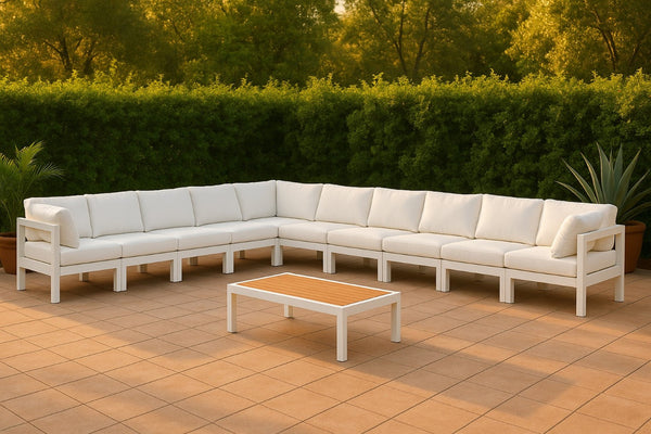 Meridian Furniture Nizuc 10 Piece Outdoor Modular Sectional White Aluminum Frame Water Resistant Fabric 375White-Sec10A
