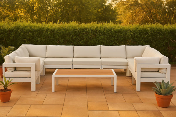 Meridian Furniture Nizuc 9 Piece Outdoor Modular Sectional Resort Style Aluminum Patio Seating Set 375White-Sec9C