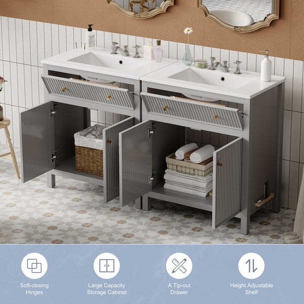 English Elm 60'' Modern Bathroom Vanity Set With Ceramic Sink, Soft Closing Doors, Space-Saving Grey Design N710SS00007E