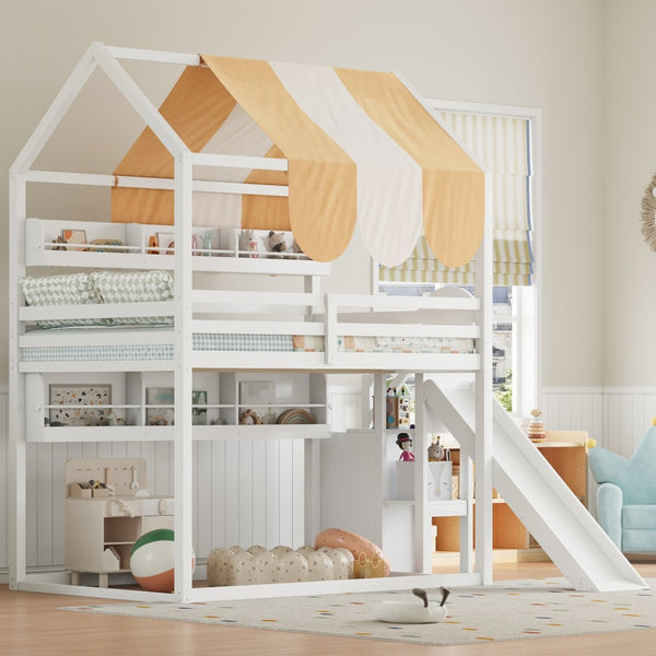 English Elm Full Size Wood Loft Bed with Canopy Slide and Built in Bookshelves for Kids White N7090005021K