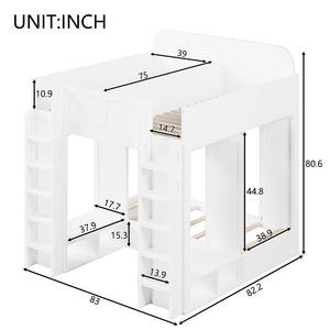 English Elm Triple Bunk Bed Wood Frame with Built in Shelves Hooks for Shared Kids Rooms White N7090004027K