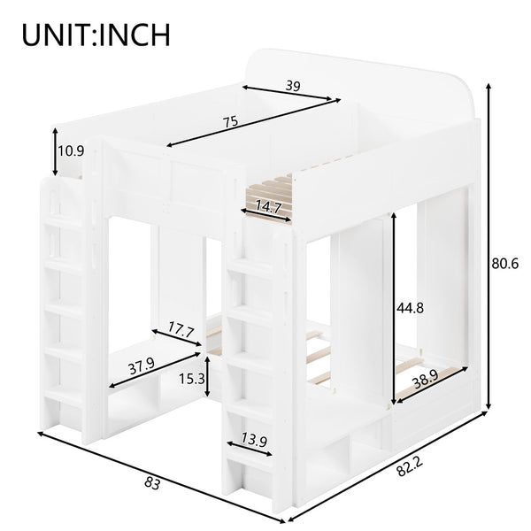 English Elm Triple Bunk Bed Wood Frame with Built in Shelves Hooks for Shared Kids Rooms White N7090004027K