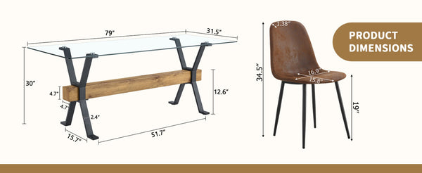 English Elm Table Set With Tempered Glass Top And 8 Brown Techno-Fabric Chairs, Modern X-Shaped Metal Legs W1151S04088-GIGA