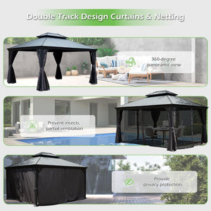 English Elm 12'x16' Hardtop Gazebo Heavy Duty Steel Frame Permanent Outdoor Pavilion with Netting W1859S00186