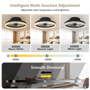 English Elm 16" Modern LED Ceiling Fan Light with Crystal Acrylic Ring, Hidden Blades, Remote & App Control, Dimmable Flush Mount Black W2312P368707