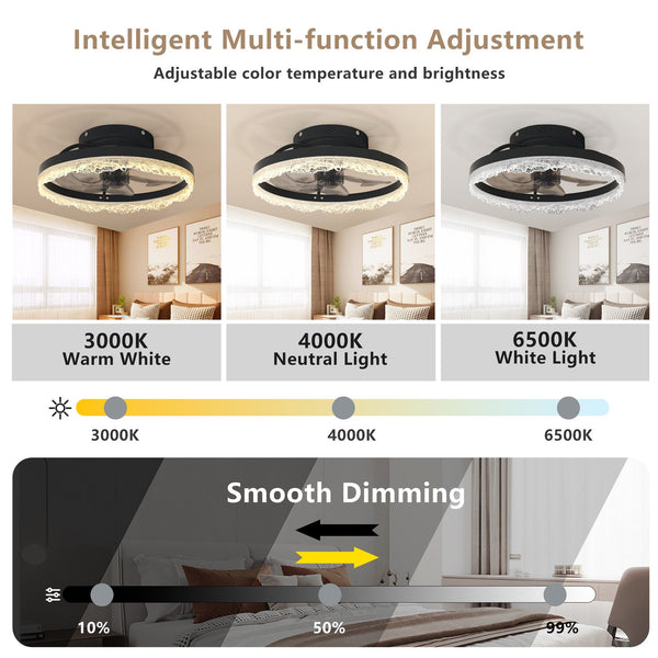 English Elm 16" Modern LED Ceiling Fan Light with Crystal Acrylic Ring, Hidden Blades, Remote & App Control, Dimmable Flush Mount Black W2312P368707