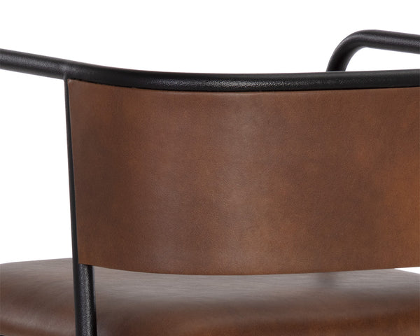 Sunpan Brenan Counter Stool - Elegant Curved Backrest, Unique Faux Leather, Black Metal Frame & Brass Caps Bravo Cognac