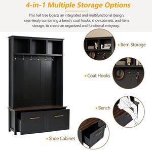 English Elm On-trend Entryway Hall Tree with Gold Hooks Bench Drawers and Shoe Cabinet Storage Black N721S000056B-1