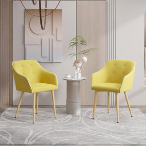 English Elm Dining Chairs Set of 2 Mid-Century Modern Upholstered Linen Side Chairs with Thick Foam Cushions, Wooden Legs and Armrests for Dining Room Comfort Yellow T3950P405212