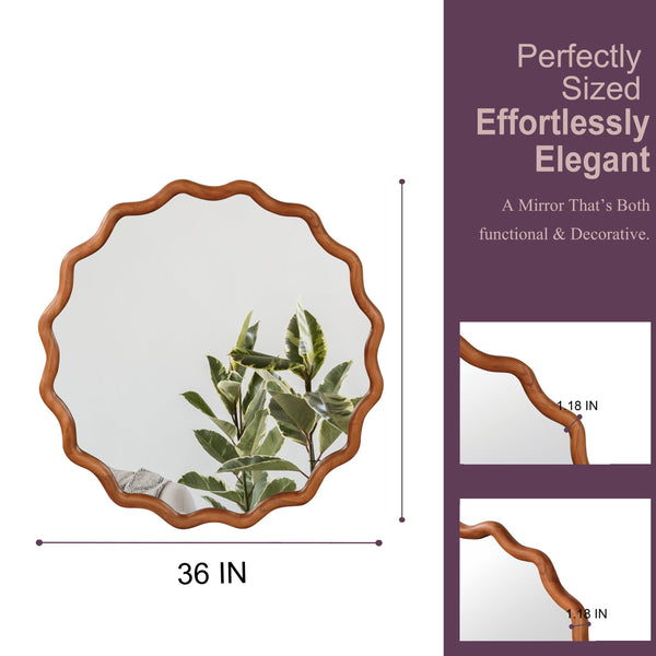 English Elm Yellowish 36in Wavy Round Solid Wood Frame Mirror, Tempered Glass, Rustic Boho Decor for Home W2203P389086