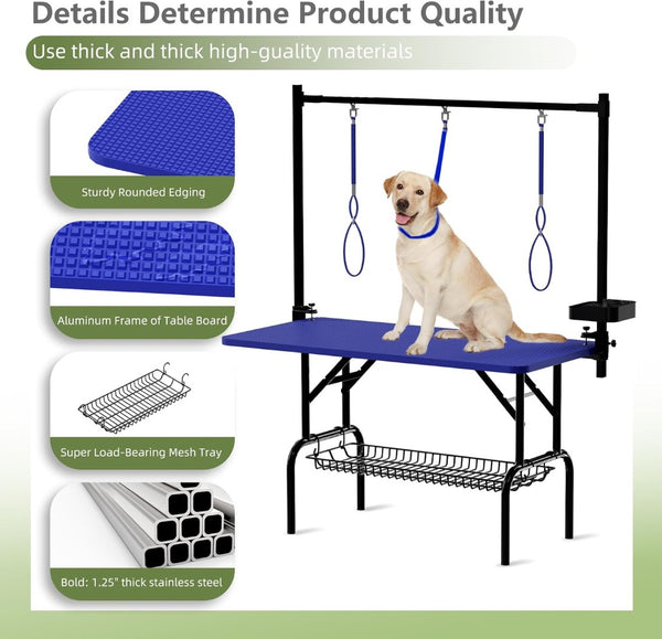 English Elm 47'' Foldable Dog Grooming Table X-lift Adjustable Height Station with Arm Noose Organizer Blue W3587P358743