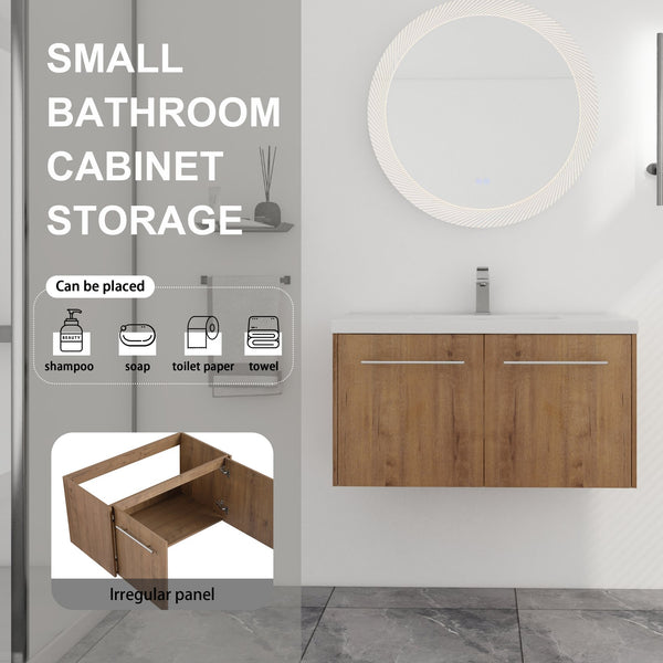 English Elm 36 Inch Floating Bathroom Vanity with Resin Sink, Soft-Close Doors, KD Pack, Modern Storage Design W999P188200