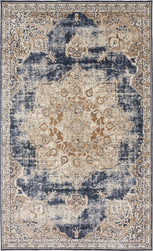Unique Loom Chateau Roosevelt Machine Made Border Rug Dark Blue, Beige/Brown/Ivory 5' 1" x 8' 0"