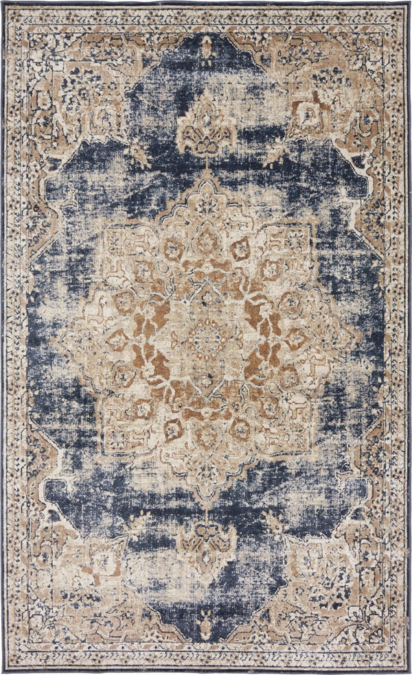 Unique Loom Chateau Roosevelt Machine Made Border Rug Dark Blue, Beige/Brown/Ivory 5' 1" x 8' 0"