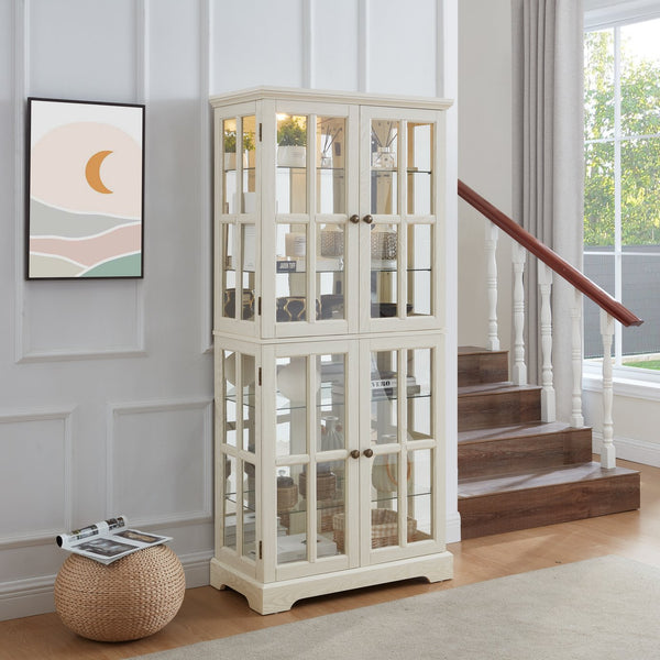 English Elm Curio Clear Glass Display Cabinet with Lattice Doors, Adjustable Shelves, E26 Bulb Included, Vintage Chic White W2275P231687