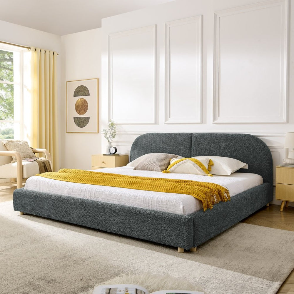 English Elm King Platform Bed Fully Upholstered in Plush Chenille with Low Profile Modern Frame Dark Gray W487S00474