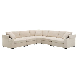 English Elm 104" Corduroy L-shaped Sectional with Usb Charging Armrest Storage and Cup Holders Beige N723S1187A
