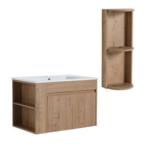 English Elm 30" Wall-Mounted Bathroom Vanity With Ceramic Sink, Soft-Close Doors & Versatile Storage Rack W999S00342
