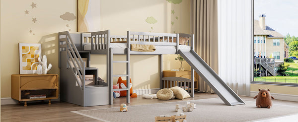 English Elm Stairway Twin Loft Bed with Storage Staircase Slide and Guardrails for Kids Gray LT000515AAE-2